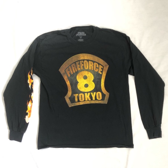 Fire Force anime black long sleeve shirt with flames down one arm size large - Picture 8 of 9